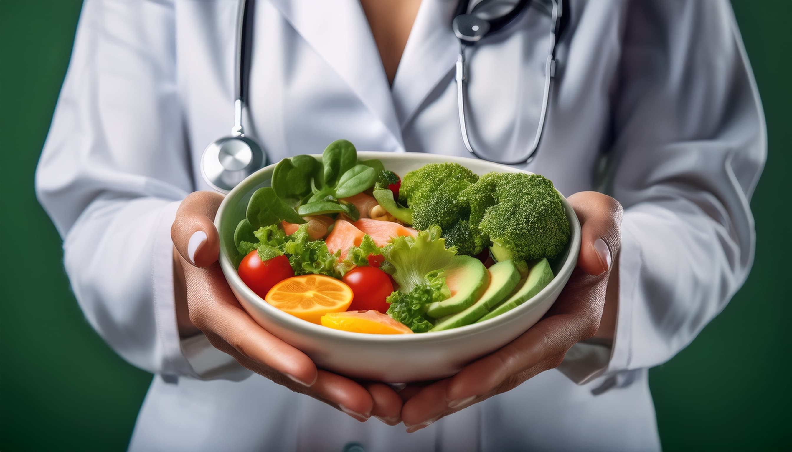 Doctora con plato con comida saludable en las manos